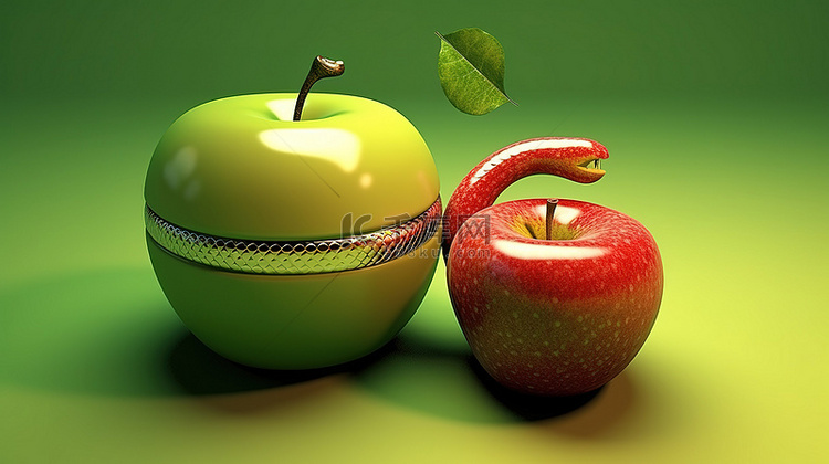 3D 渲染一个苹果，周围盘绕着
