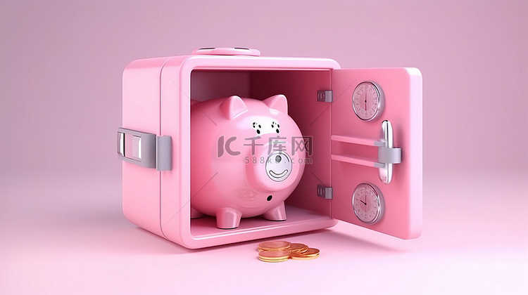 3D 渲染粉色存钱罐和保险箱中