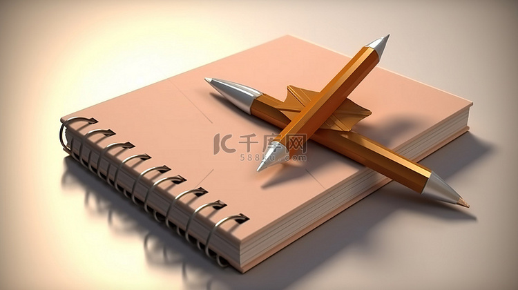 记事本和铅笔的 3d 插图