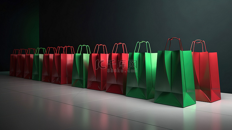 一排红色和绿色的 3d 购物袋