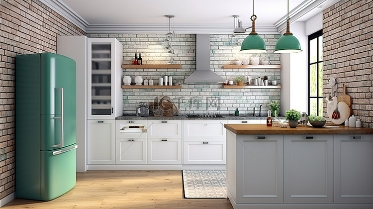 经典白色厨房的 3D 渲染，配