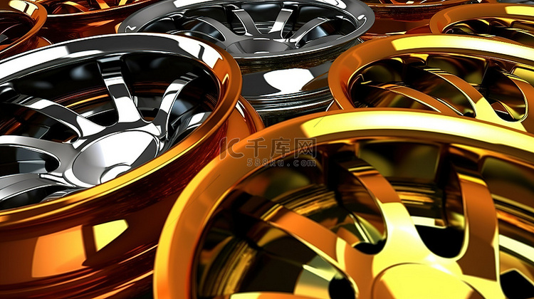 各种 3D 渲染的镀铬和金色汽
