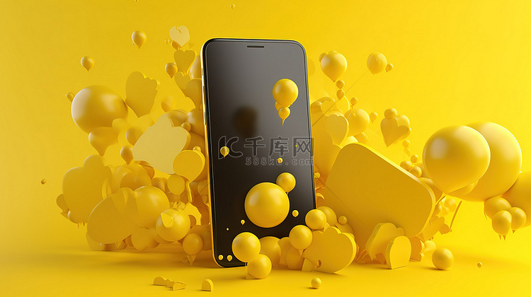 黄色背景与 3D 智能手机和代