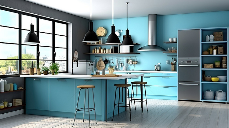 时尚别致的蓝色厨房，以 3D 