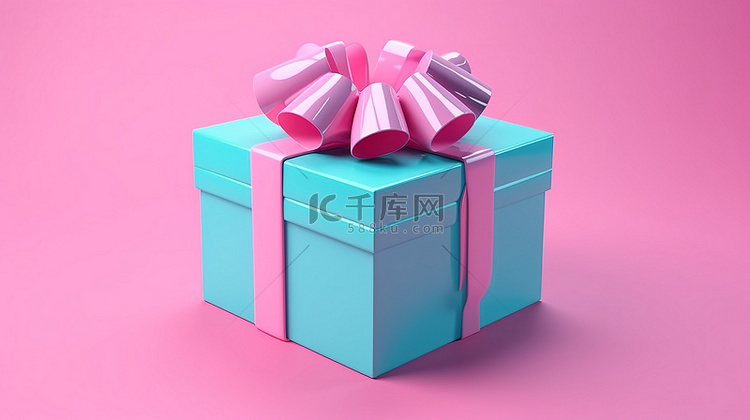 带丝带的蓝色礼盒，在粉红色背景