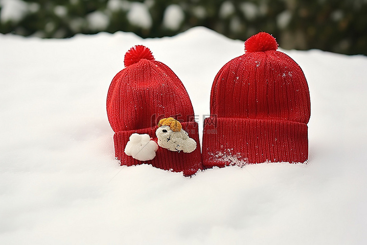 积雪表面上的一顶帽子和一双手套