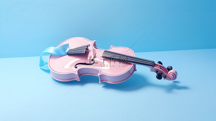 蓝色背景下古典粉色小提琴和弓的