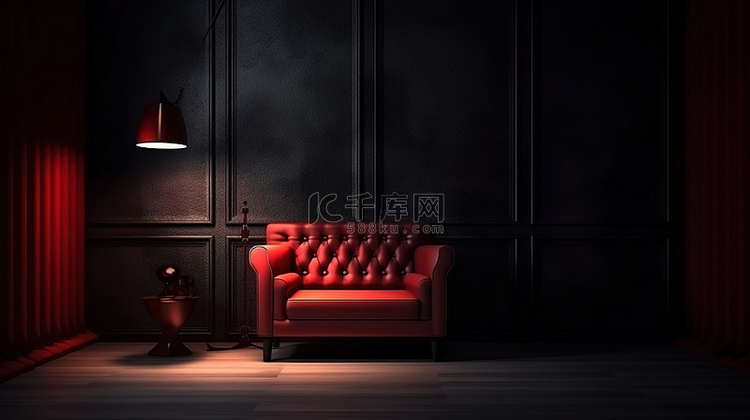 昏暗房间中的红色沙发 3D 渲