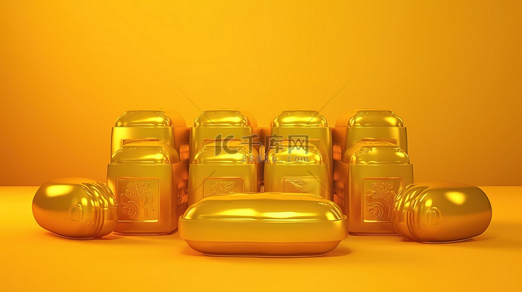 3D 渲染中国金锭在欢乐的黄色