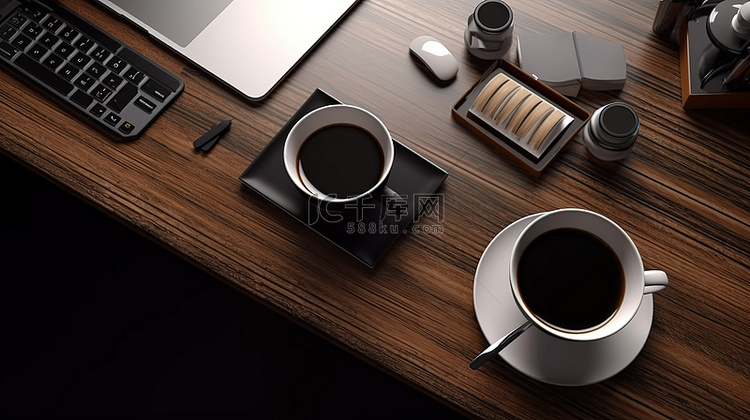 桌面上咖啡杯和笔记本电脑的顶视