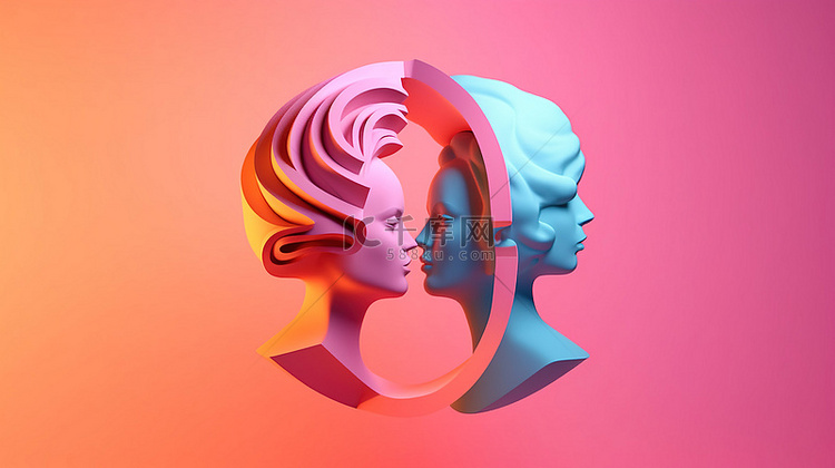 男性和女性头部的 3D 插图与