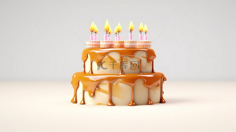 白色背景生日卡通蛋糕的 3D 
