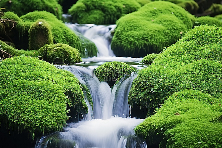 溪水里长满了绿色的苔藓