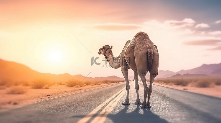 日落时骆驼徒步穿越沙漠的令人惊