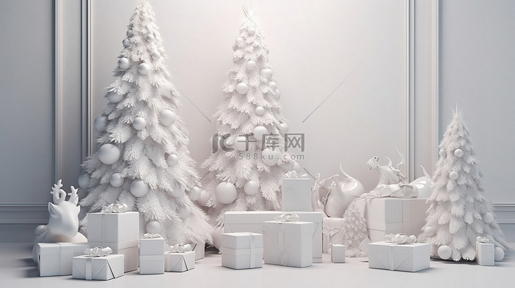 闪闪发光的白色圣诞树与 3D 
