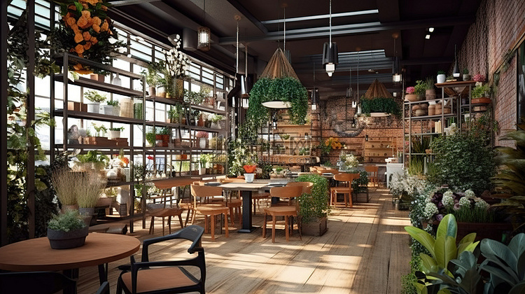 室内花园咖啡馆的虚拟描绘