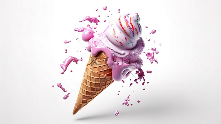 白色背景与冰淇淋的 3D 插图
