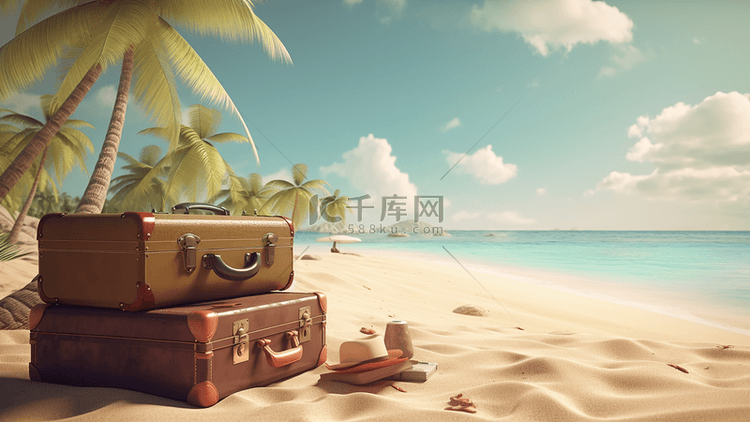 沙滩海边旅行箱椰子树旅行广告背