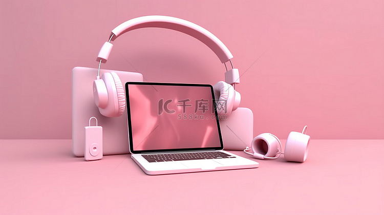 粉红色背景下隔离的耳机笔记本电
