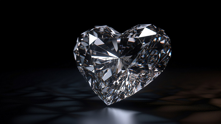 宽黑色背景上心形钻石的 3D 渲染