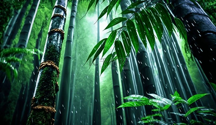 雨中的竹林雨中风景竹叶绿色自然