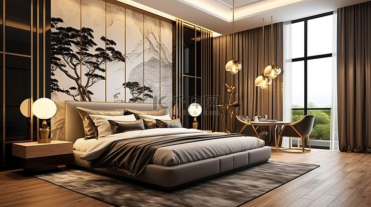 现代化的亚洲卧室 3D 渲染豪