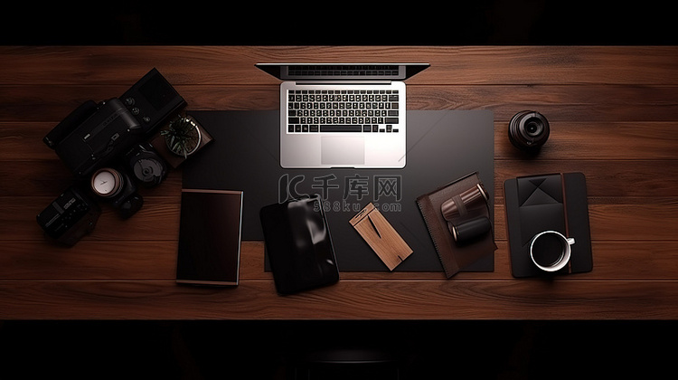 3D 顶视图渲染中的桌面和咖啡
