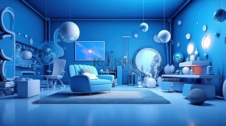 蓝色背景下的未来派虚拟空间室是