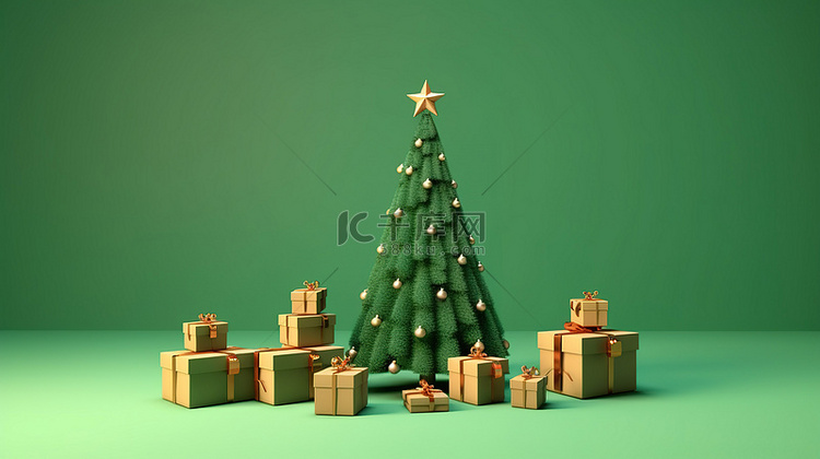 绿色背景上圣诞树礼品标签的独立
