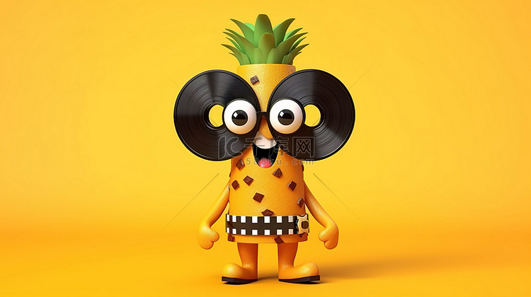 3D 渲染的菠萝时髦吉祥物，黄