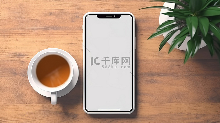 木桌智能手机模型白屏顶视图，具
