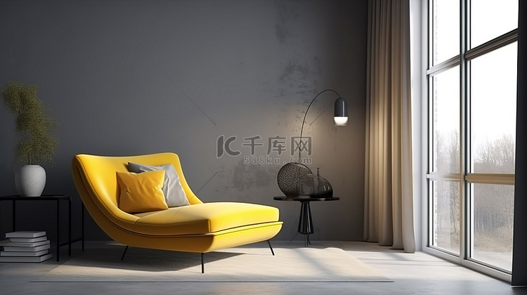 现代灰色和黄色房间内宽敞扶手椅