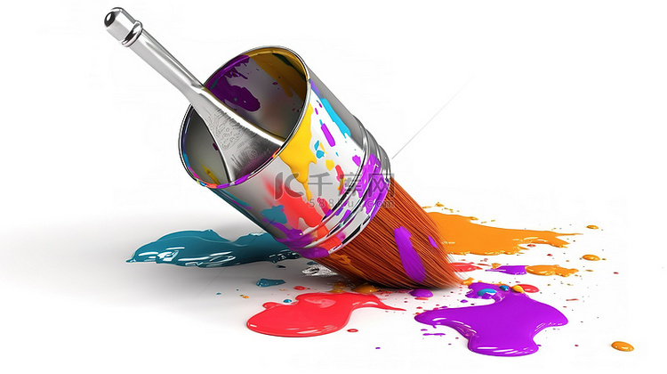 彩色画笔和油漆罐在白色背景上隔