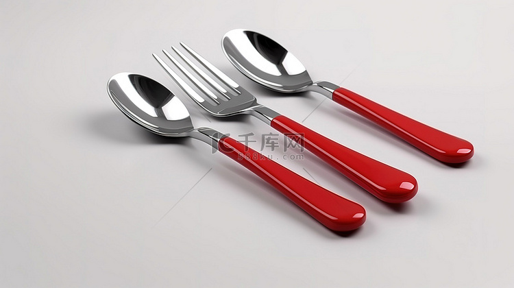 白色背景的红色餐具的单色 3d