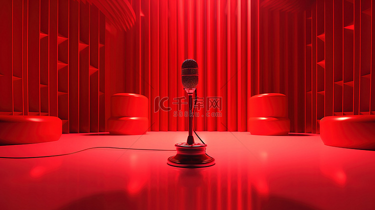 照亮红色舞台的麦克风的 3D 渲染