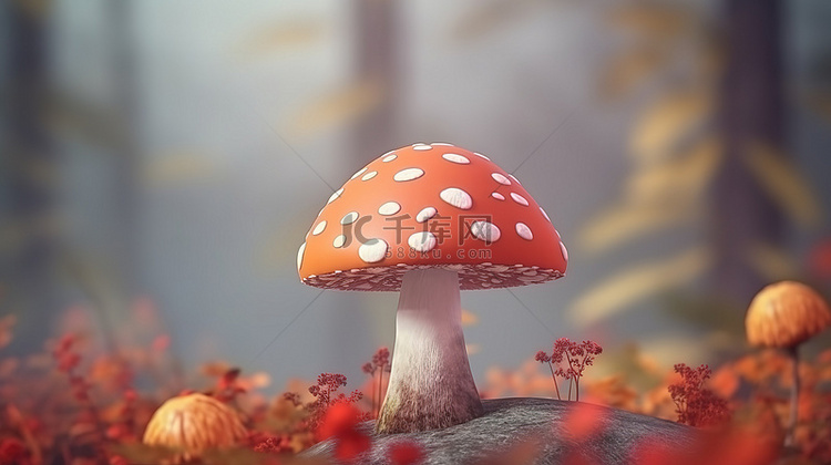 野外红点蘑菇的秋季主题 3D 渲染