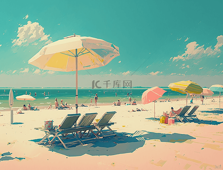遮阳伞躺椅夏日海边沙滩旅游水彩