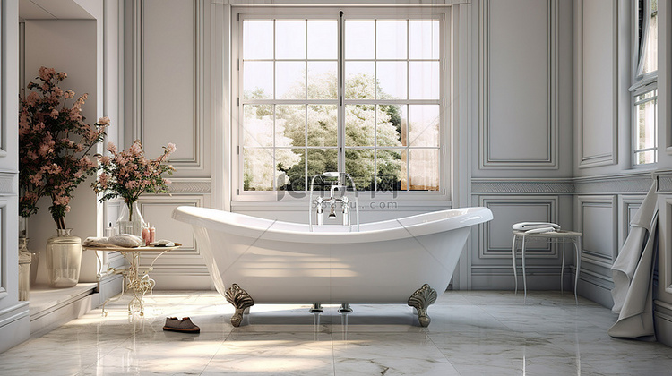 带豪华浴缸的主浴室的 3d 插图