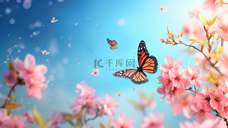 粉红色樱花和飞翔的蝴蝶背景图