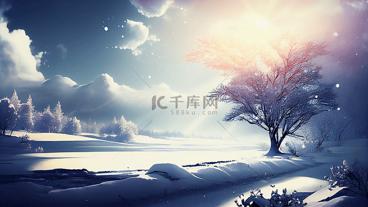 冬季雪景阳光大树背景