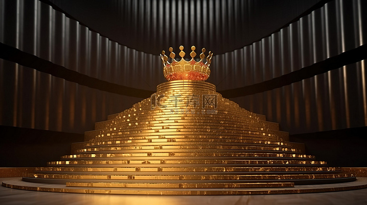 金色楼梯顶上闪闪发光的王冠，通