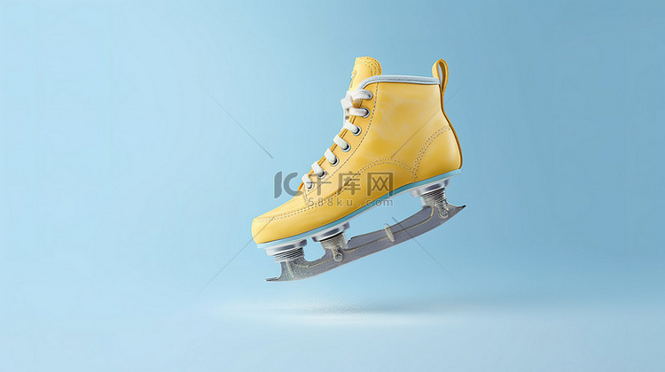 黄色溜冰鞋在柔和的蓝色背景上飞