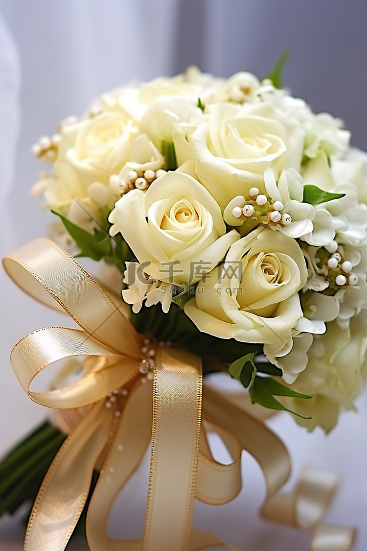 象牙色婚礼花束，带丝带和金蝴蝶