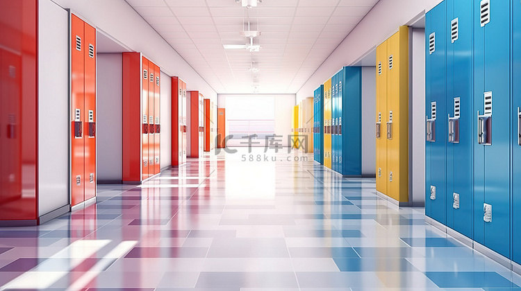 明亮的学校走廊的 3D 插图，