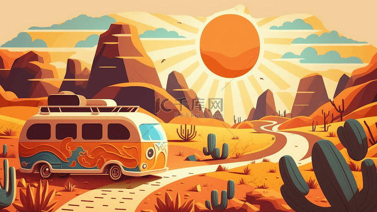 汽车沙漠旅行暖色系背景