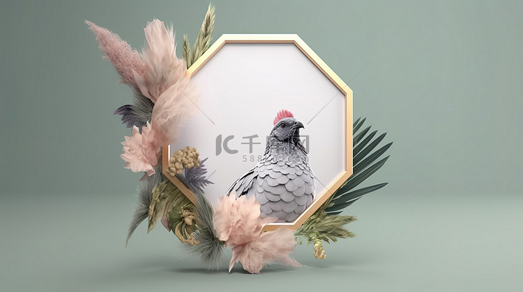 3d 渲染中带有羽毛和孔雀装饰