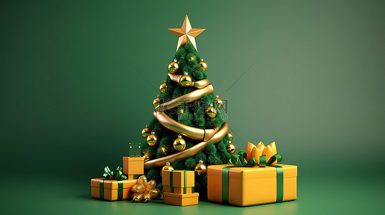 节日松树，带丝带装饰动画圣诞树
