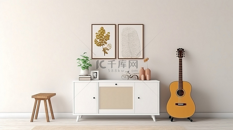 白墙上有橱柜花和吉他的相框模型