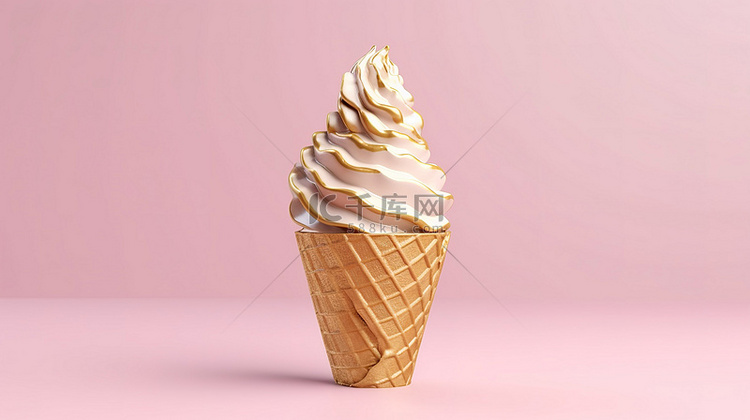 金色华夫饼锥体与奶油软冰淇淋在