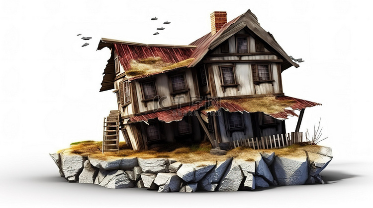破裂的房子的孤立 3D 插图